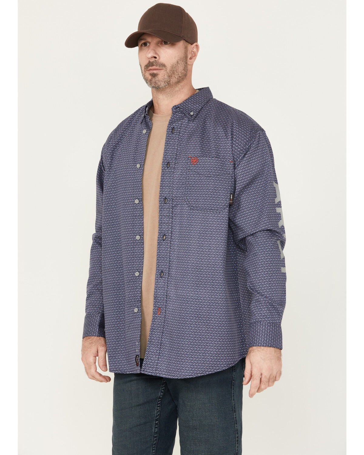 Ariat Men's FR Rodeo Logo Long Sleeve Button-Down Work Shirt, Navy, hi-res