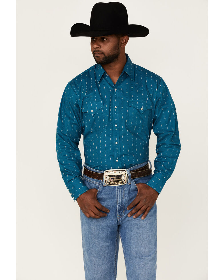 Ely Walker Men's Geo Stripe Print Long Sleeve Snap Western Shirt , Teal, hi-res