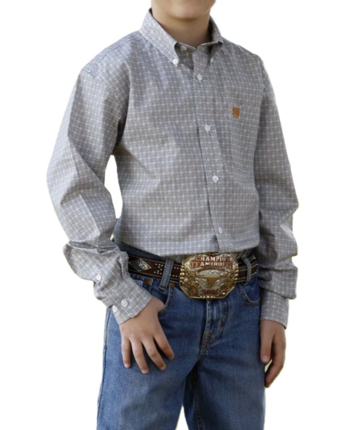Cinch Boys' Geo Print Long Sleeve Button-Down Stretch Western Shirt, White, hi-res