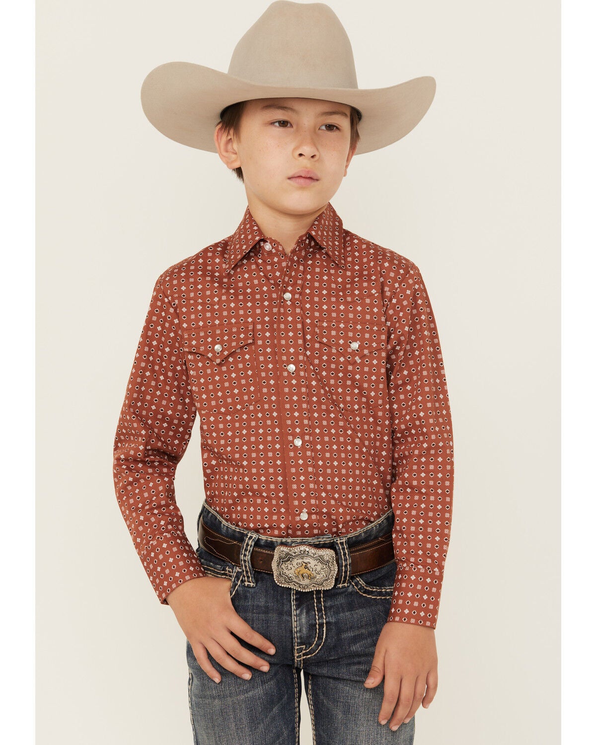 Ely Walker Boys' Geo Print Long Sleeve Snap Stretch Western Shirt, Rust Copper, hi-res