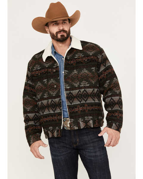 Wrangler Men's Southwestern Print Sherpa Button Down Jacquard Jacket, Olive