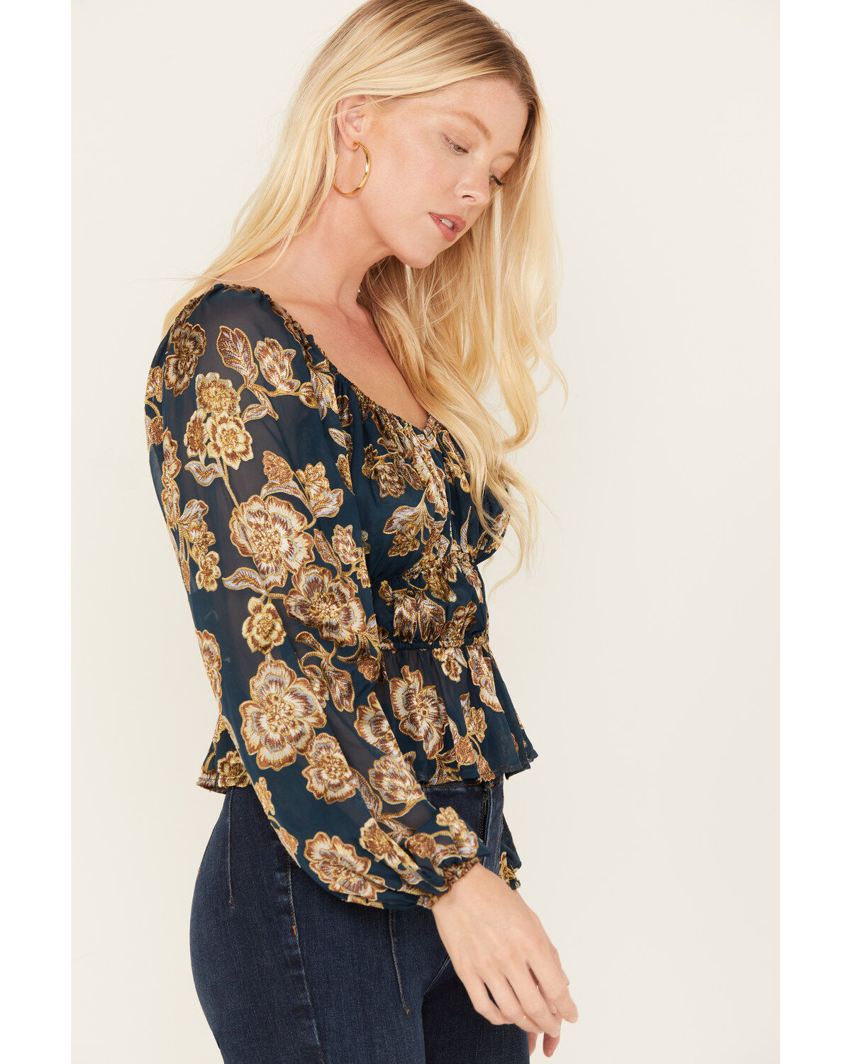 Image #2 - Shyanne Women's Floral Print Burnout Top, Dark Blue, hi-res