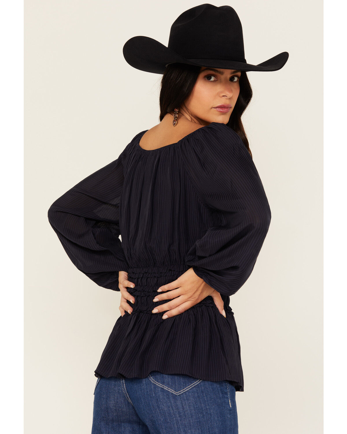 Image #4 - Shyanne Women's Dobby Pinstripe Long Sleeve Blouse, Indigo, hi-res