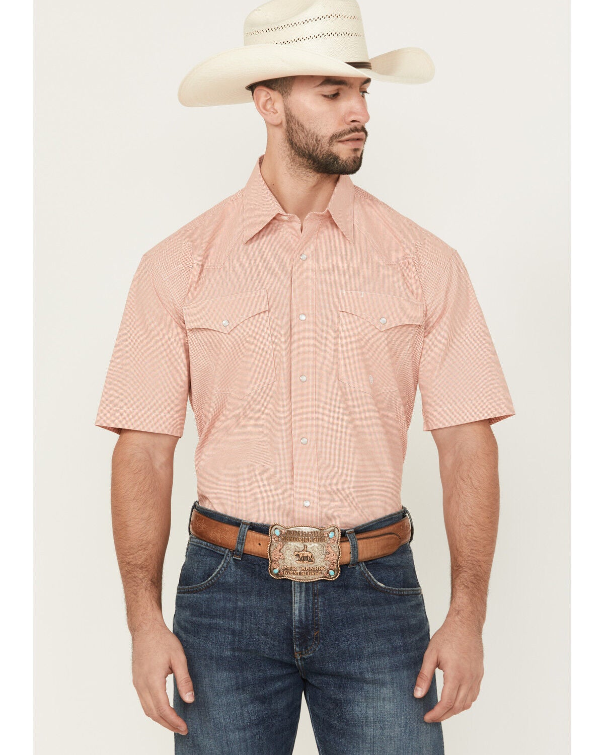 Roper Men's Amarillo Plaid Print Short Sleeve Pearl Snap Stretch Western Shirt, Orange, hi-res