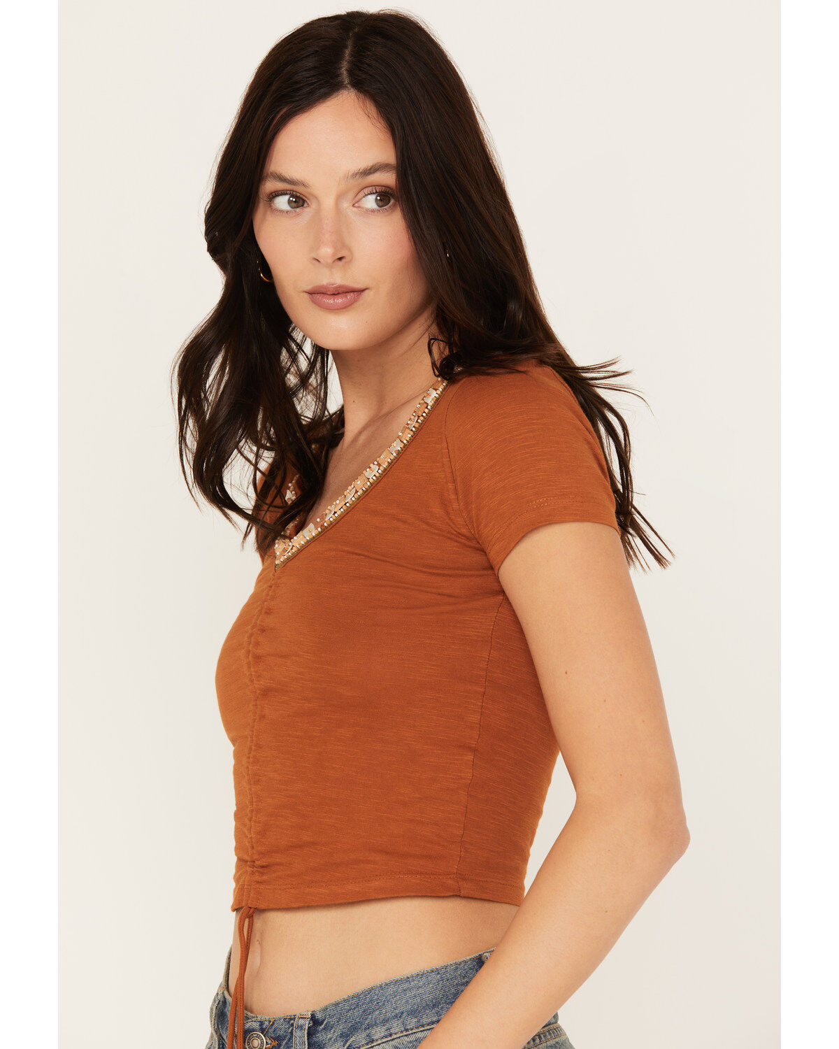 Image #2 - Shyanne Women's Beaded Short Sleeve Front Tie Shirt, Pecan, hi-res