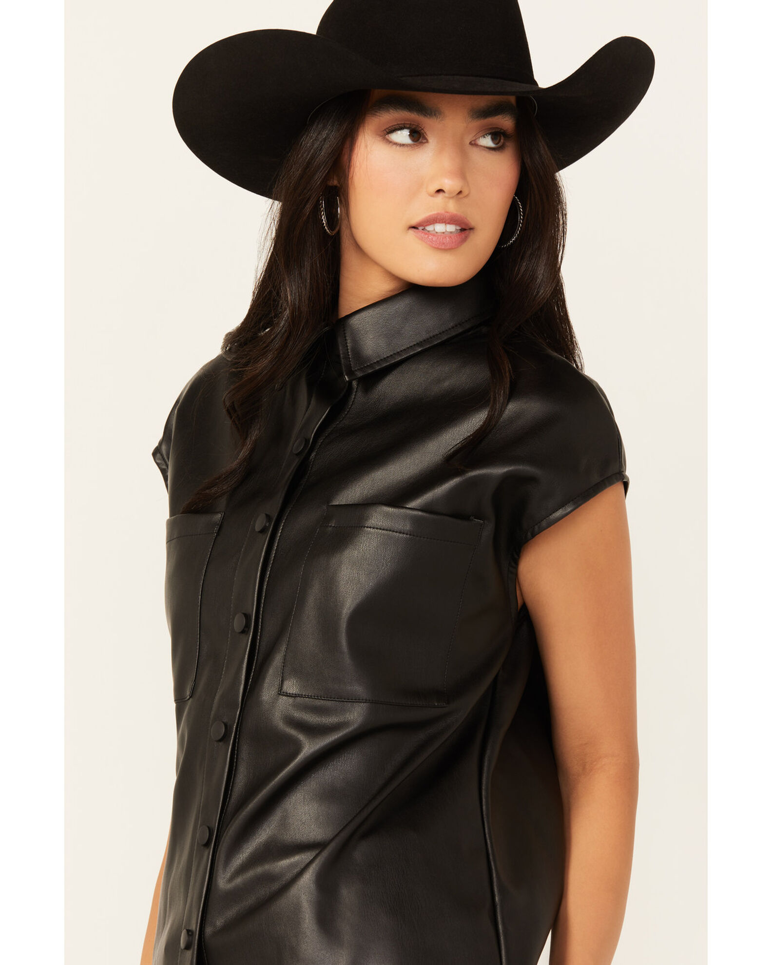 Image #2 - Revel Women's Faux Leather Button-Down Cap Sleeve Top, Black, hi-res