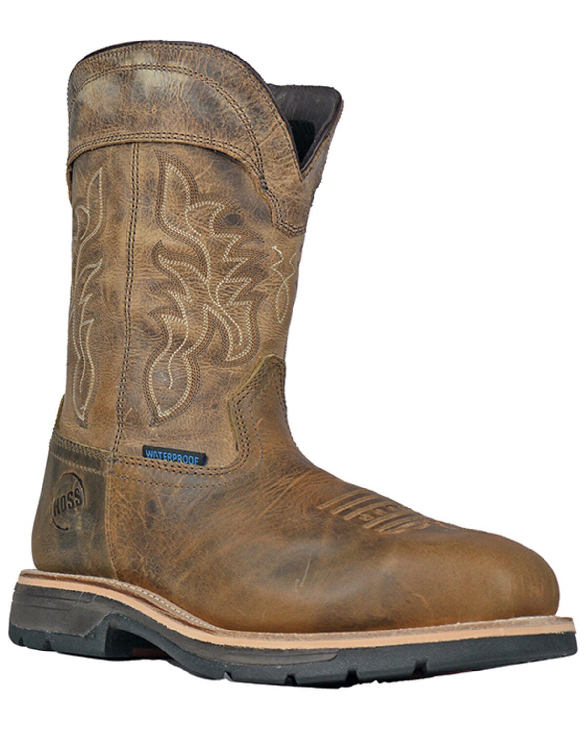 Hoss Men's Distressed Pull-On Waterproof Work Boots - Composite Toe, Brown, hi-res