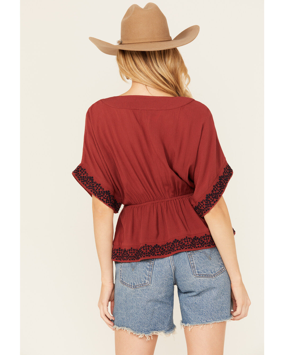 Image #4 - Shyanne Women's Embroidered Sleeve Peplum Top, Brick Red, hi-res