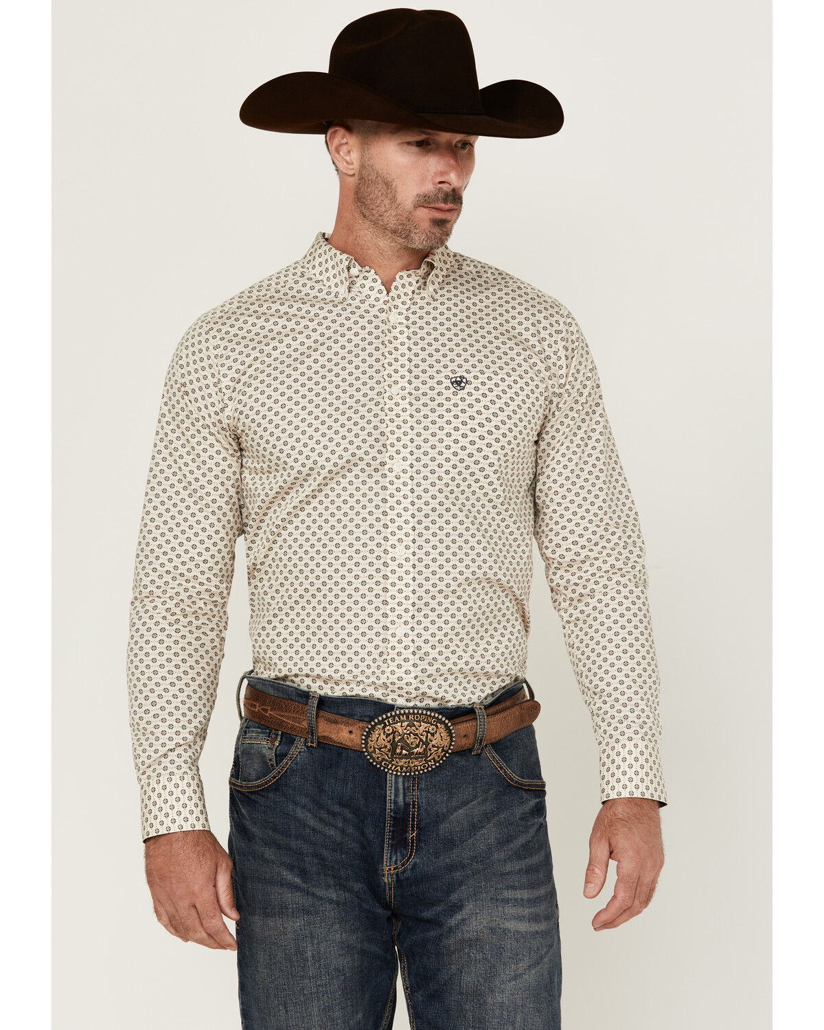Image #1 - Ariat Men's Fraiser Geo Print Long Sleeve Button-Down Western Shirt, Cream, hi-res