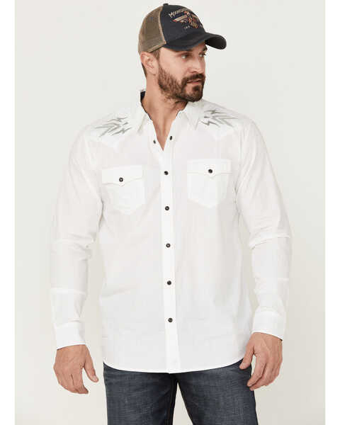 Moonshine Spirit Men's Relic Embroidered Southwestern Yoke Long Sleeve Snap Western Shirt , White, hi-res