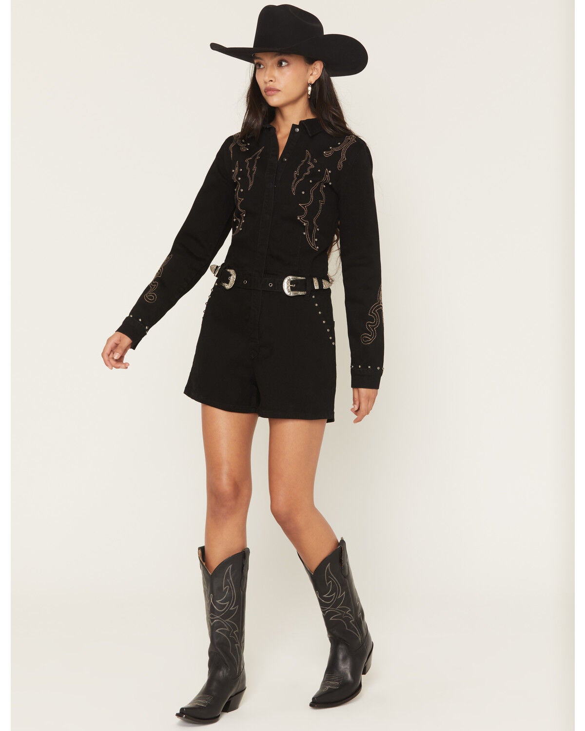 Rock & Roll Denim Women's Western Embroidered Long Sleeve Snap Romper, Black, hi-res