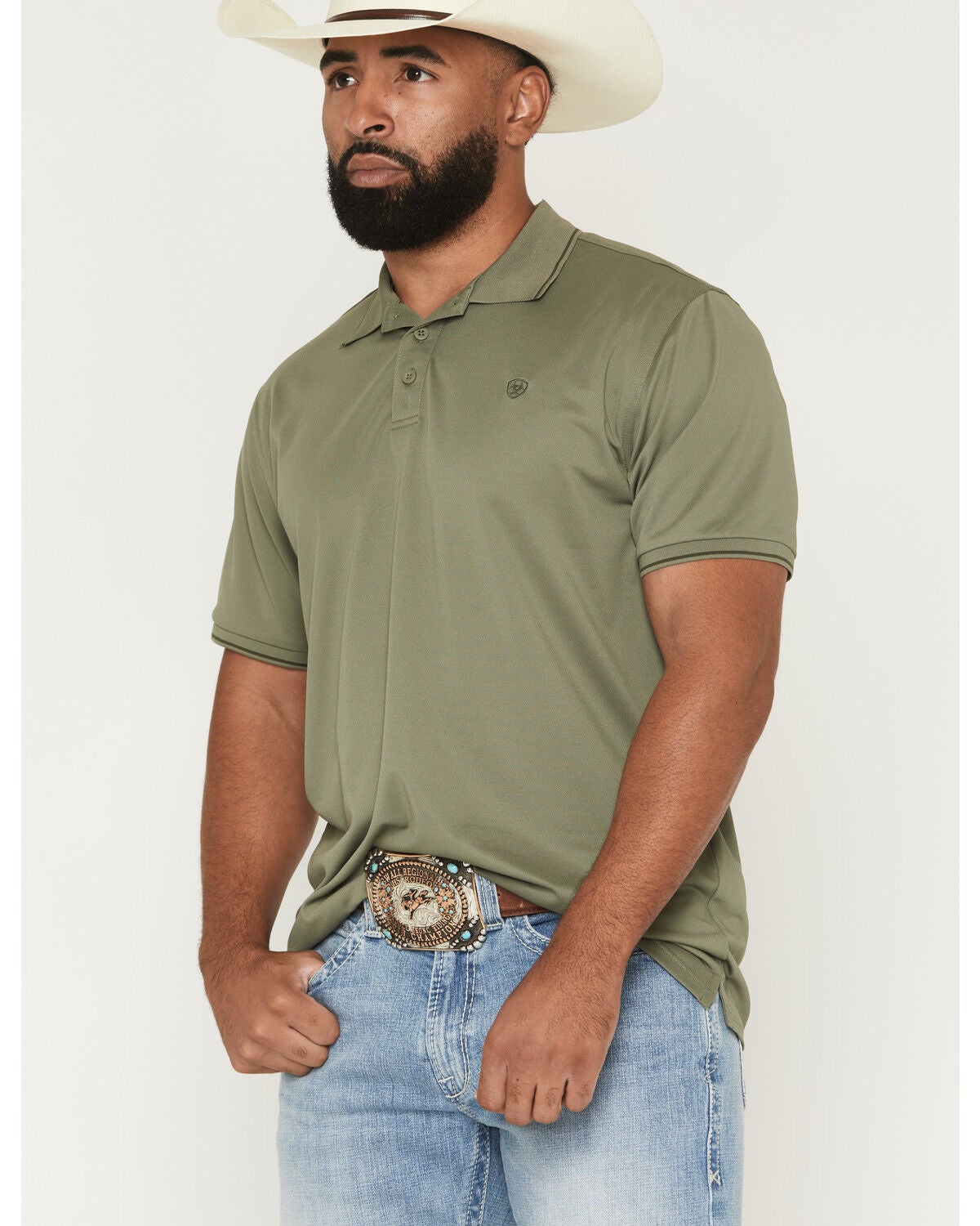 Ariat Men's Fitted Logo Short Sleeve Polo, Olive, hi-res