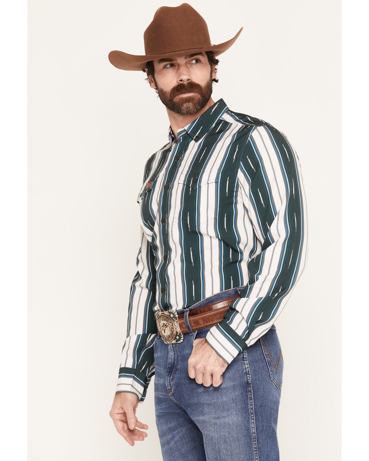 Image #2 - Zach Top X Kimes Ranch Men's Hickory Striped Long Sleeve Button-Down Western Shirt, Green, hi-res