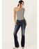 Image #3 - Miss Me Women's Dark Wash Mid Rise Feather Pocket Bootcut Stretch Denim Jeans, Dark Wash, hi-res