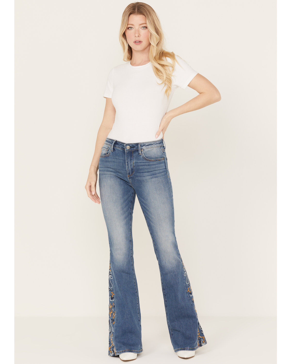 Image #1 - Driftwood Women's Medium Wash High Rise Flare Paisley Hem Jeans, Medium Wash, hi-res