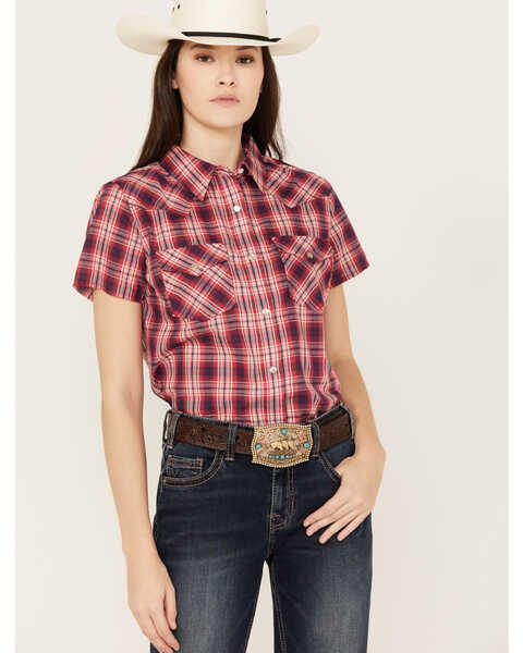 Wrangler Women's Plaid Print Short Sleeve Pearl Snap Western Shirt, Red, hi-res