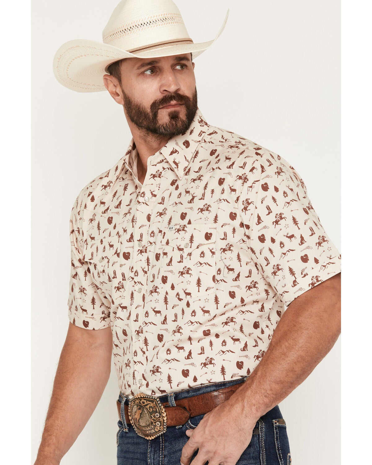 Image #2 - Ely Walker Men's Conversational Print Short Sleeve Pearl Snap Western Shirt, Cream, hi-res