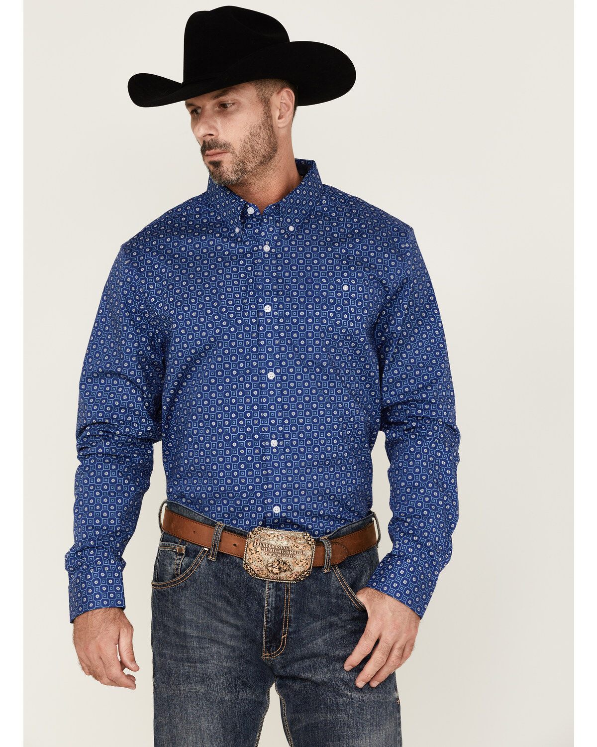 Image #1 - RANK 45® Men's High Roller Geo Print Long Sleeve Button-Down Western Shirt, Blue, hi-res