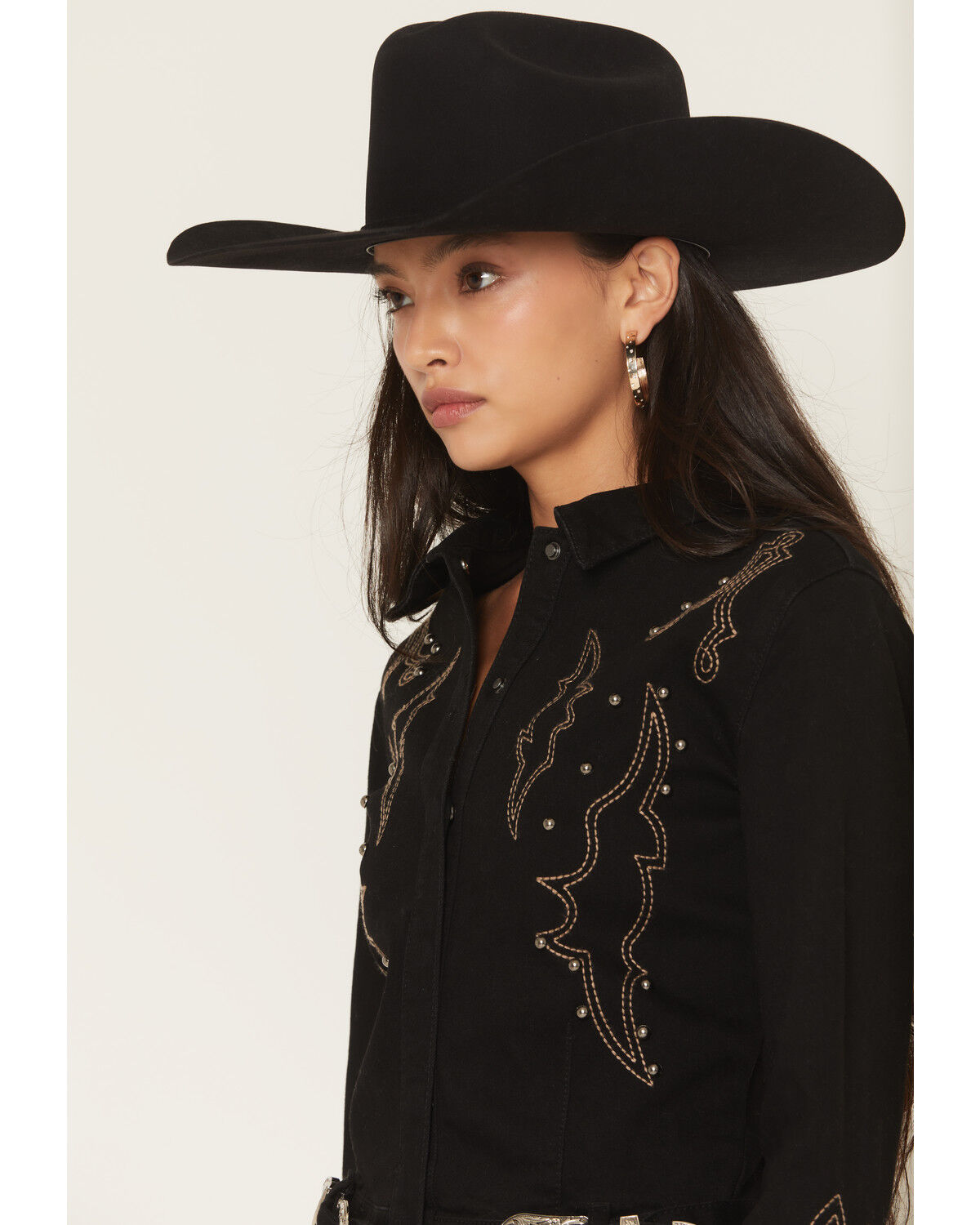 Image #2 - Rock & Roll Denim Women's Western Embroidered Long Sleeve Snap Romper, Black, hi-res