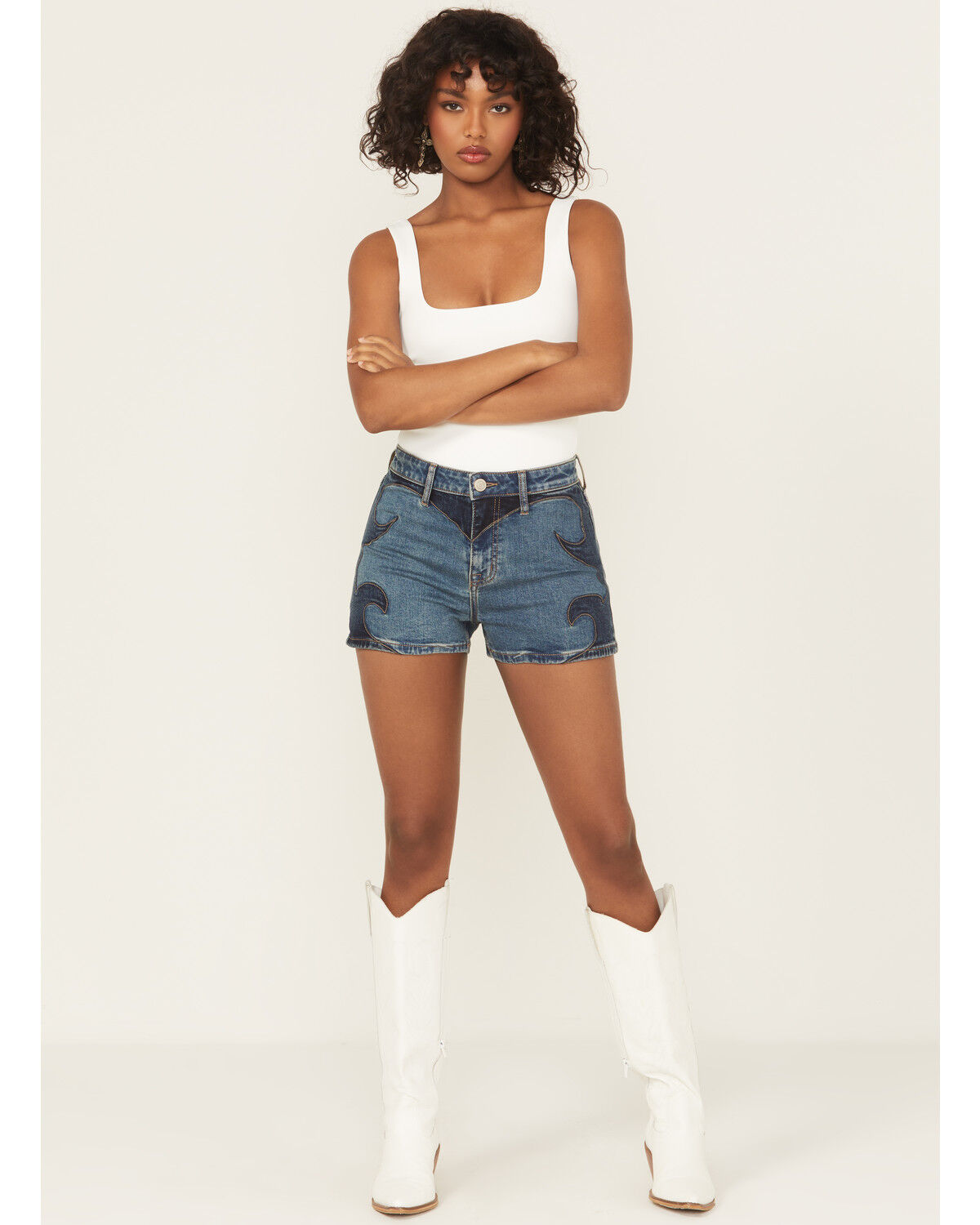 Image #1 - Rock & Roll Denim Women's Medium Wash High Rise Two-Toned Denim Shorts, Medium Wash, hi-res