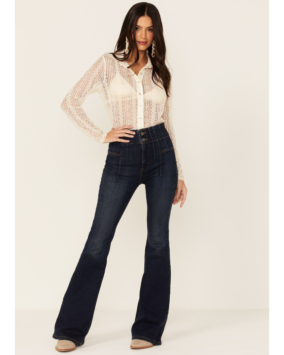 Image #3 - Wild Moss Women's Lace Button Front Sheer Long Sleeve Shirt, Ivory, hi-res