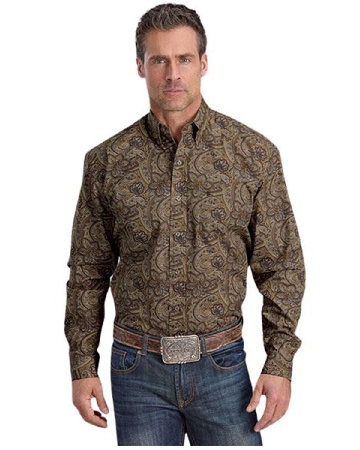 Stetson Men's Paisley Print Long Sleeve Button-Down Western Shirt, Brown, hi-res
