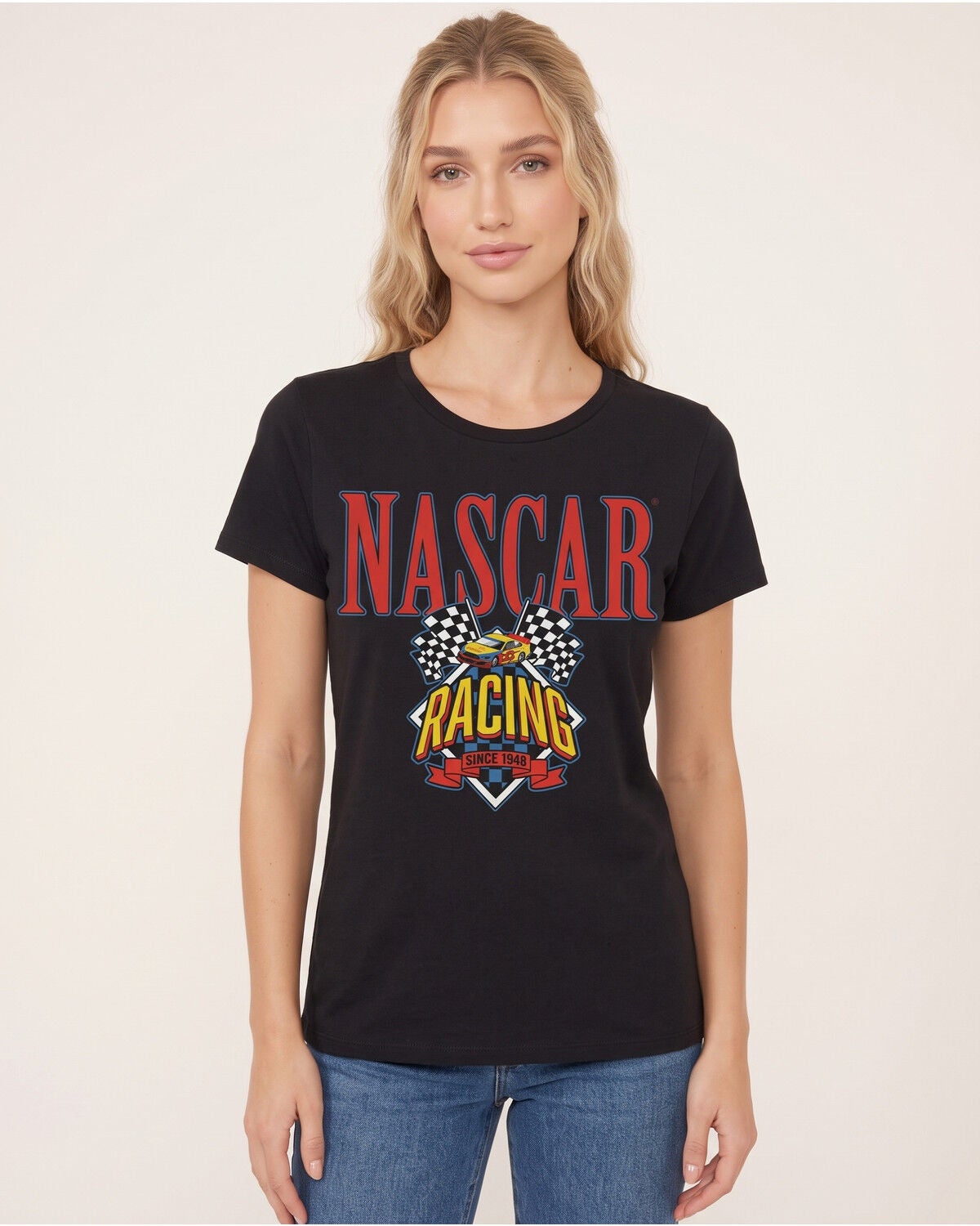 Image #1 - NASCAR Women's Flag Crest Short Sleeve Graphic T-Shirt, Black, hi-res