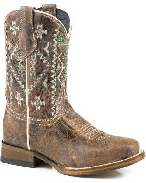 Image #1 - Roper Girls' Out West Southwestern Embroidered Western Boots - Square Toe, , hi-res