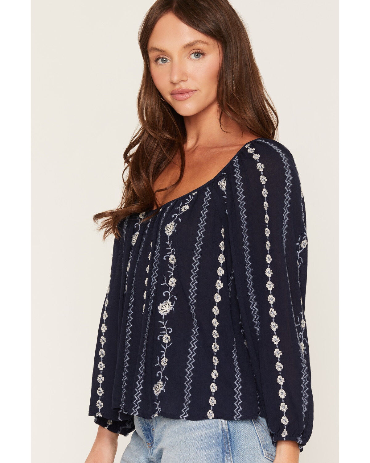 Image #2 - Lovestitch Women's Floral Striped Long Sleeve Top, Navy, hi-res