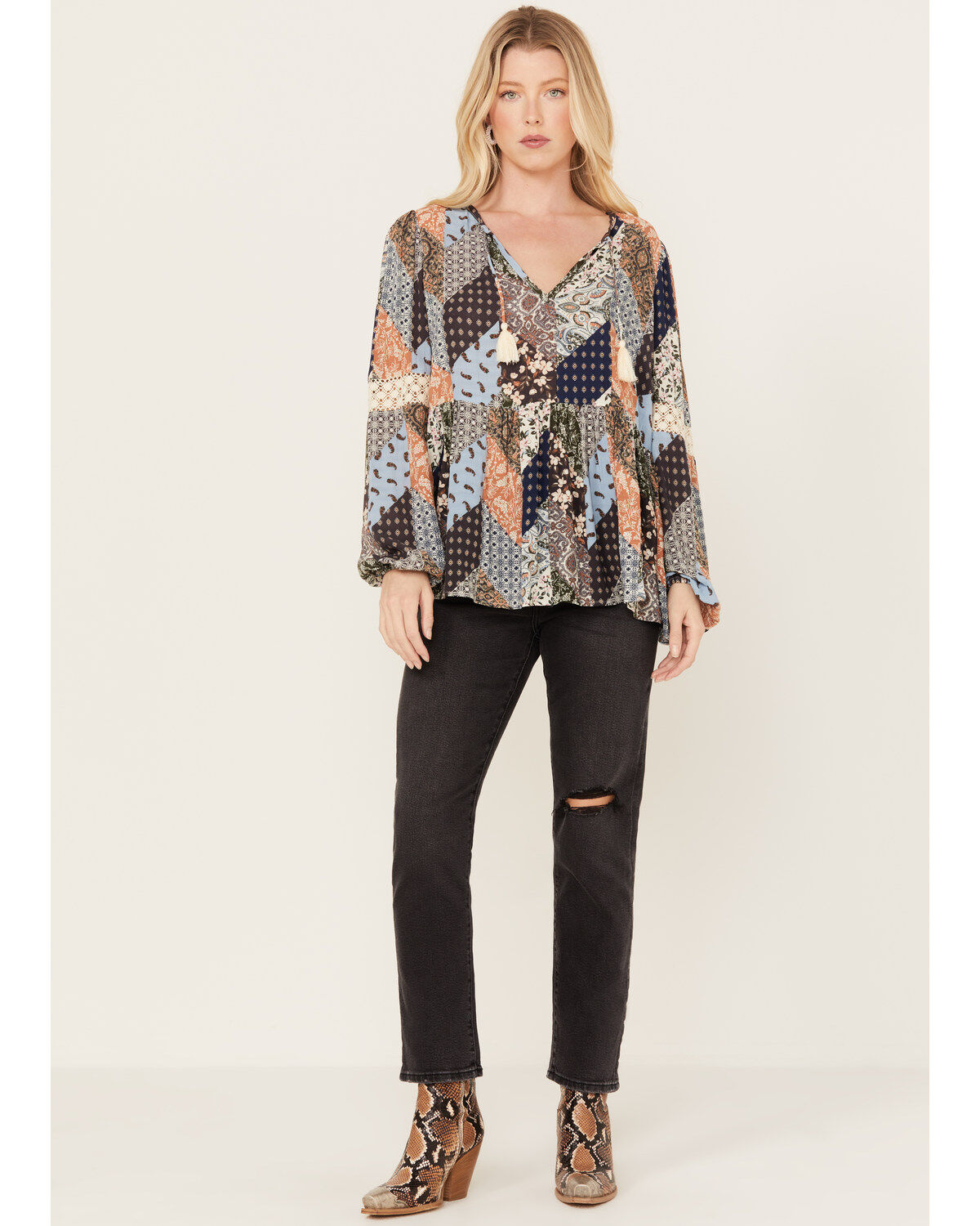 Image #2 - Cleo + Wolf Women's Dobbie Patchwork Top, Blue, hi-res