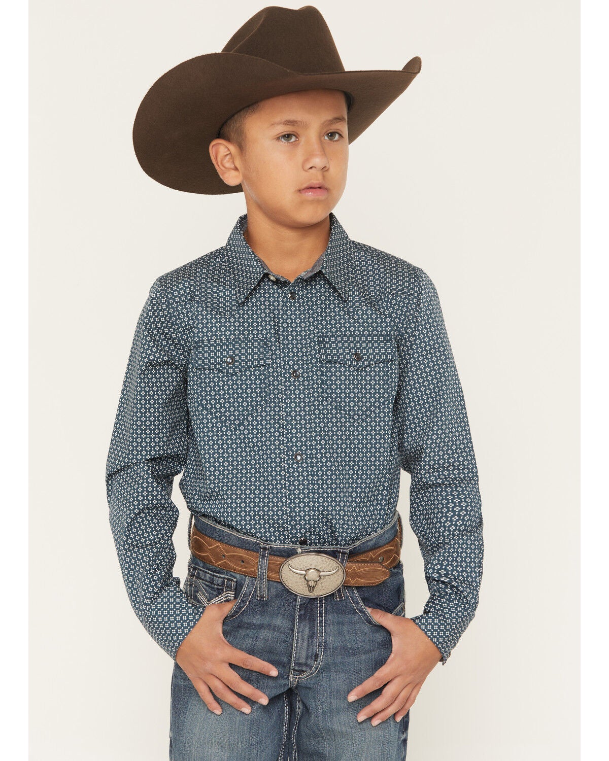 Cody James Boys' Bourbon Geo Print Long Sleeve Pearl Snap Western Shirt, Navy, hi-res