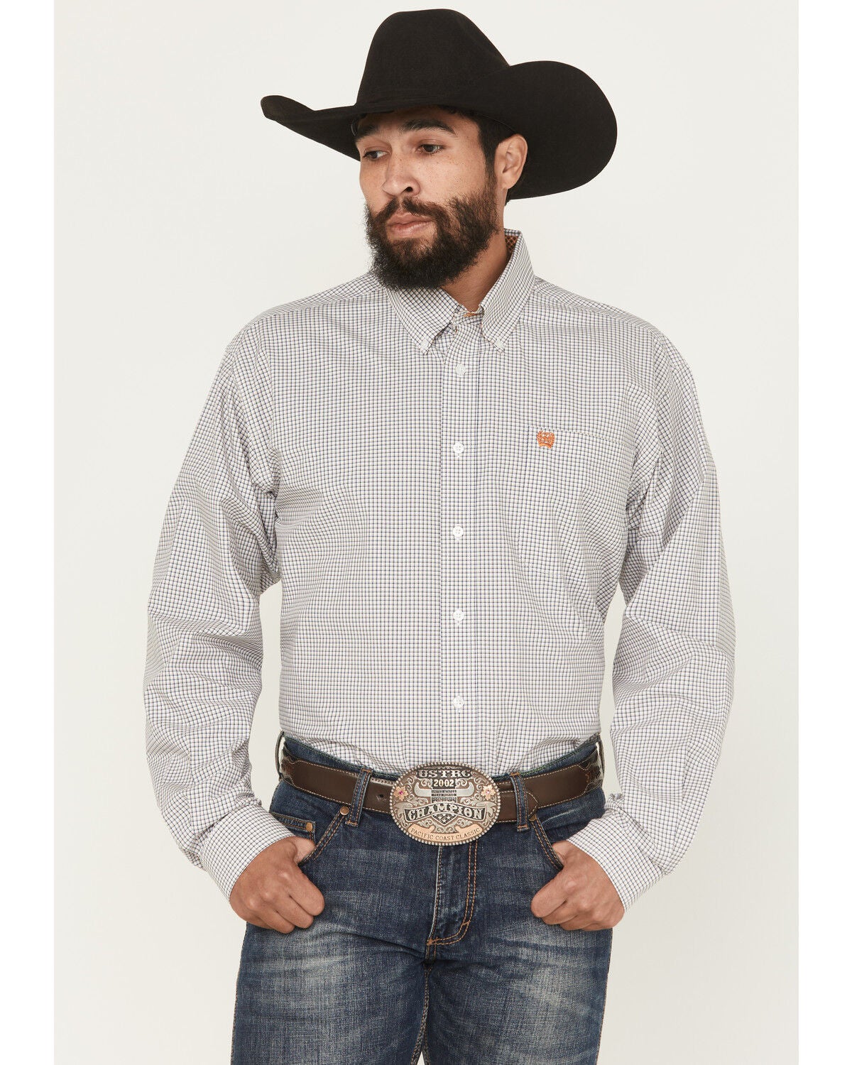 Cinch Men's Plaid Print Long Sleeve Button-Down Western Shirt, White, hi-res