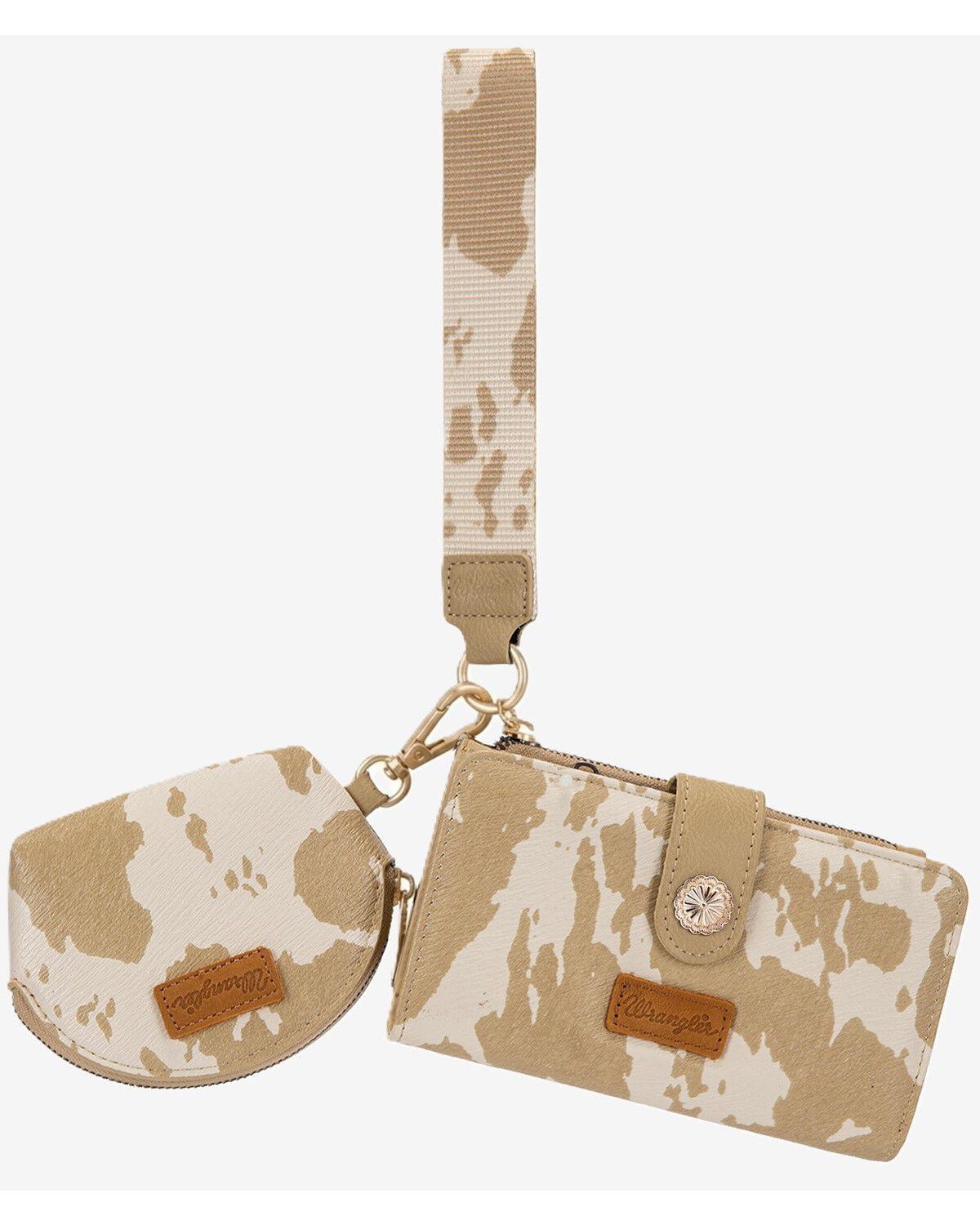 Image #1 - Wrangler X Boot Barn Women's Cow Print Wristlet Set - 3 Piece, Tan, hi-res
