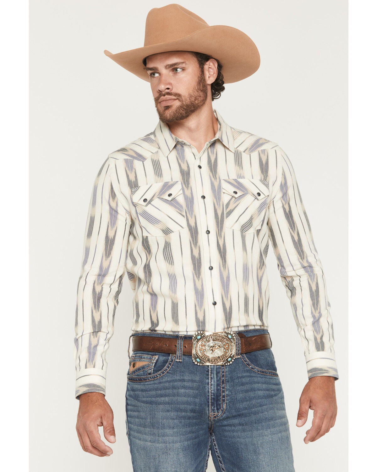 Image #1 - Panhandle Slim Men's Ikat Striped Print Long Sleeve Snap Western Shirt, Cream, hi-res