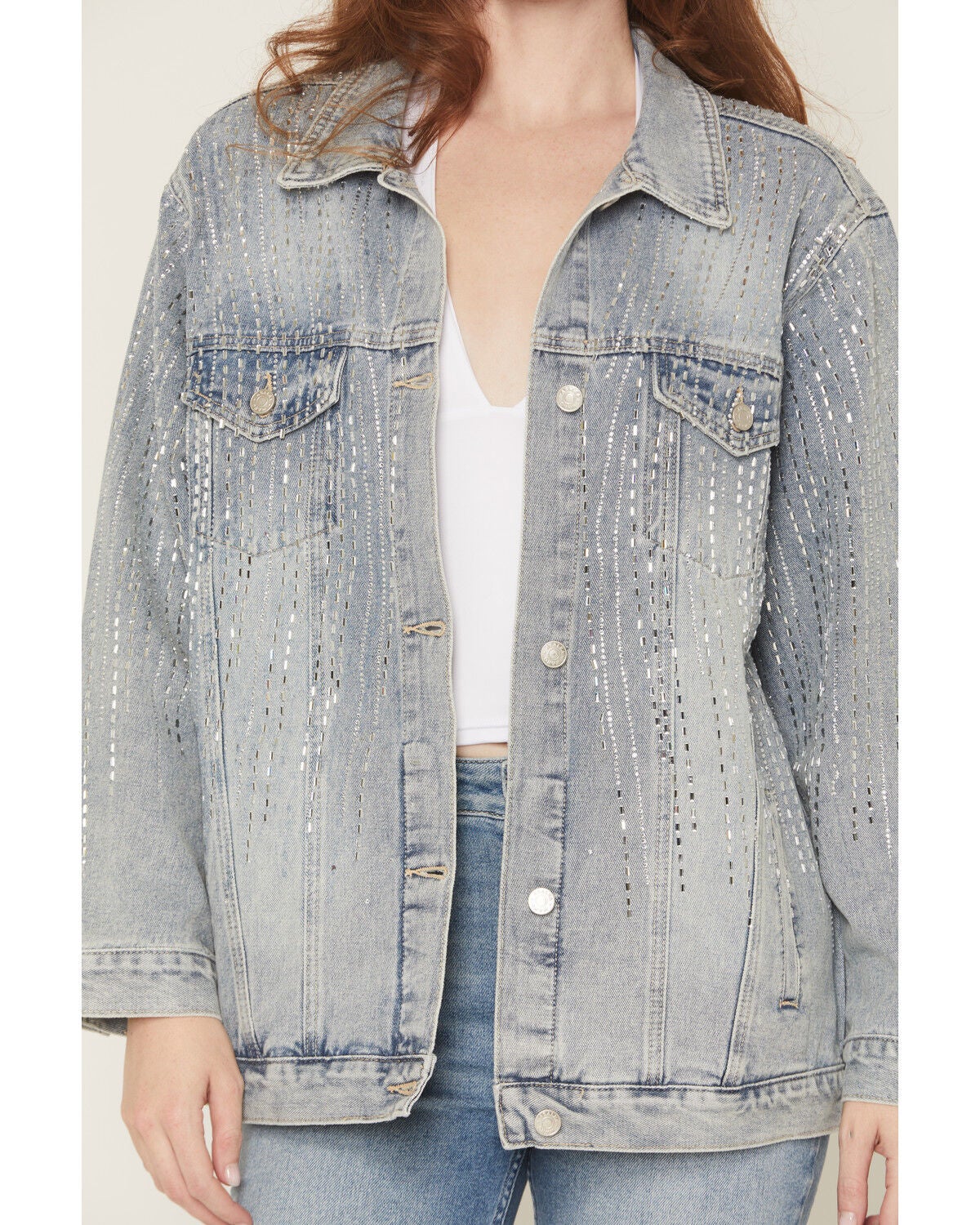 Image #3 - Azalea Wang Women's Light Wash Embellished Button-Down Denim Jacket, Light Wash, hi-res
