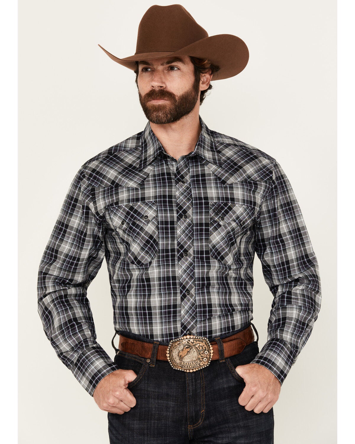 Wrangler Retro Men's Plaid Print Long Sleeve Snap Western Shirt, Black, hi-res