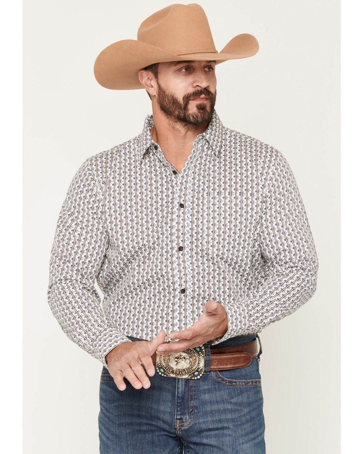 Image #1 - Gibson Trading Co Men's Exit 8 Floral Stripe Print Long Sleeve Button-Down Western Shirt, Ivory, hi-res