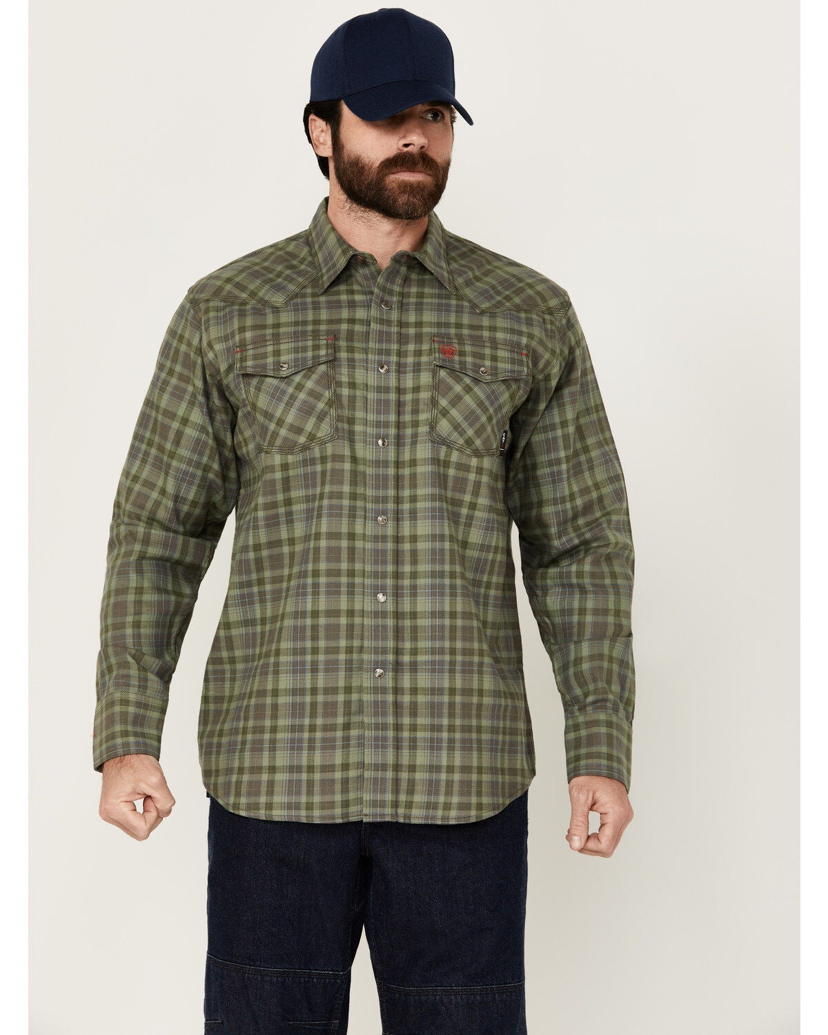 Ariat Men's FR Sawtooth Retro Plaid Print Long Sleeve Snap Work Shirt, Green, hi-res