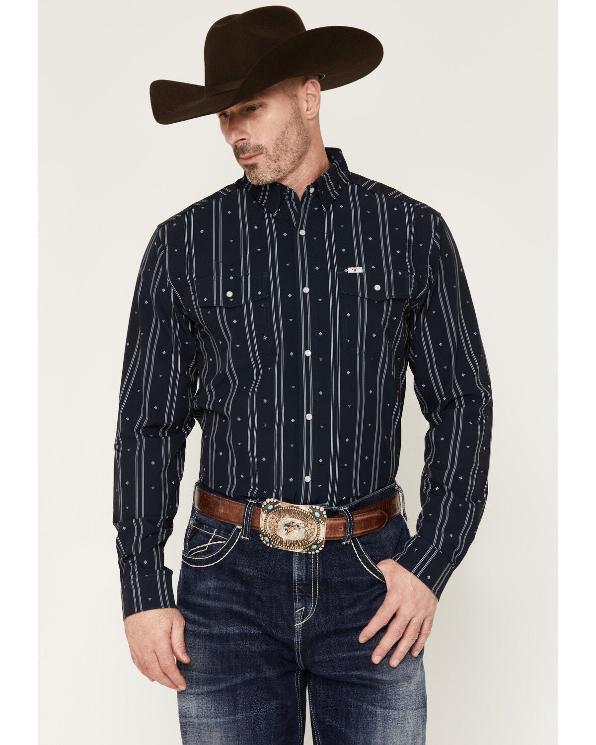 Ferrell Men's Chance Striped Print Long Sleeve Snap Stretch Western Shirt, Navy, hi-res