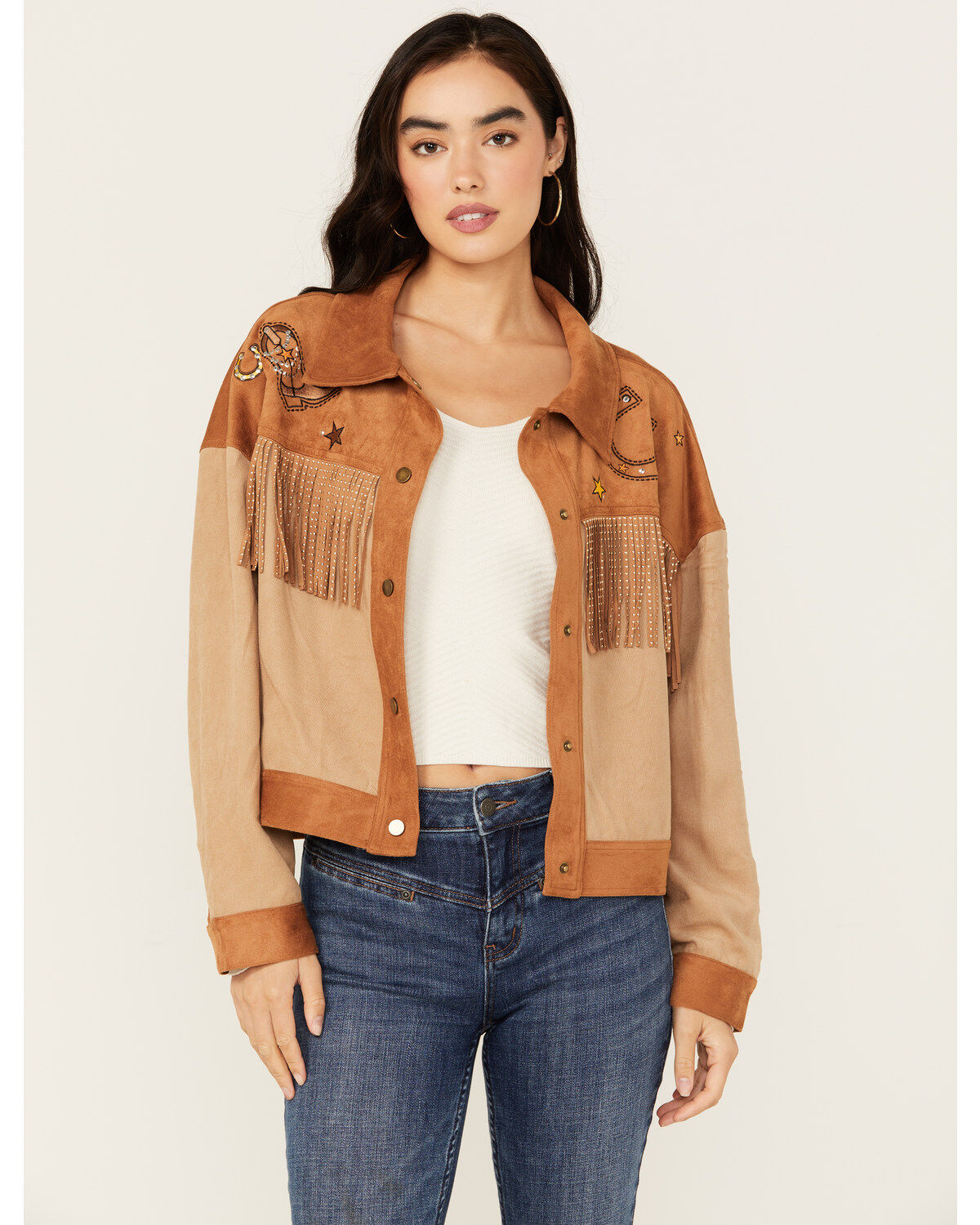Image #1 - Miss Me Women's Western Embroidered Fringe Jacket, Tan, hi-res