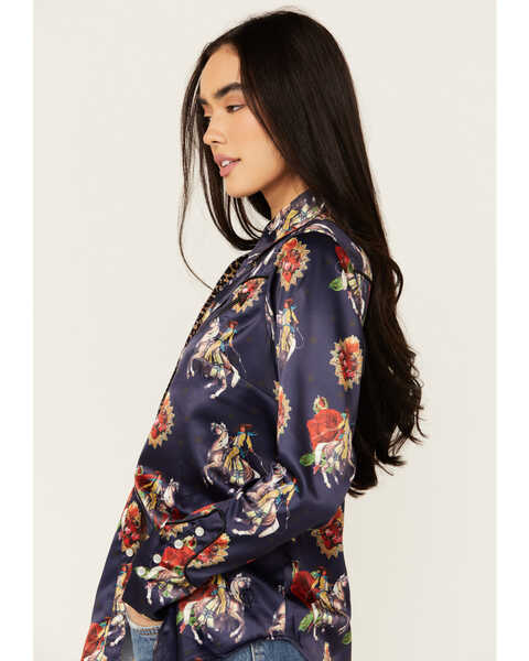 Image #2 - Rodeo Quincy Women's Floral Horse Print Long Sleeve Pearl Snap Western Shirt , Navy, hi-res