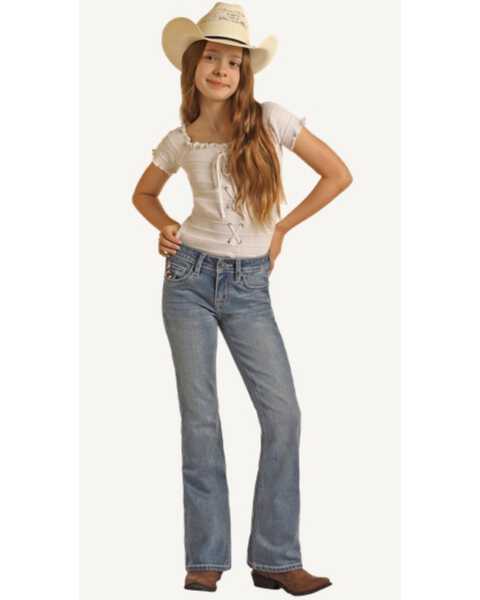 Rock & Roll Denim Girls' Star Pocket Bootcut Stretch Denim Jeans, Blue, hi-res