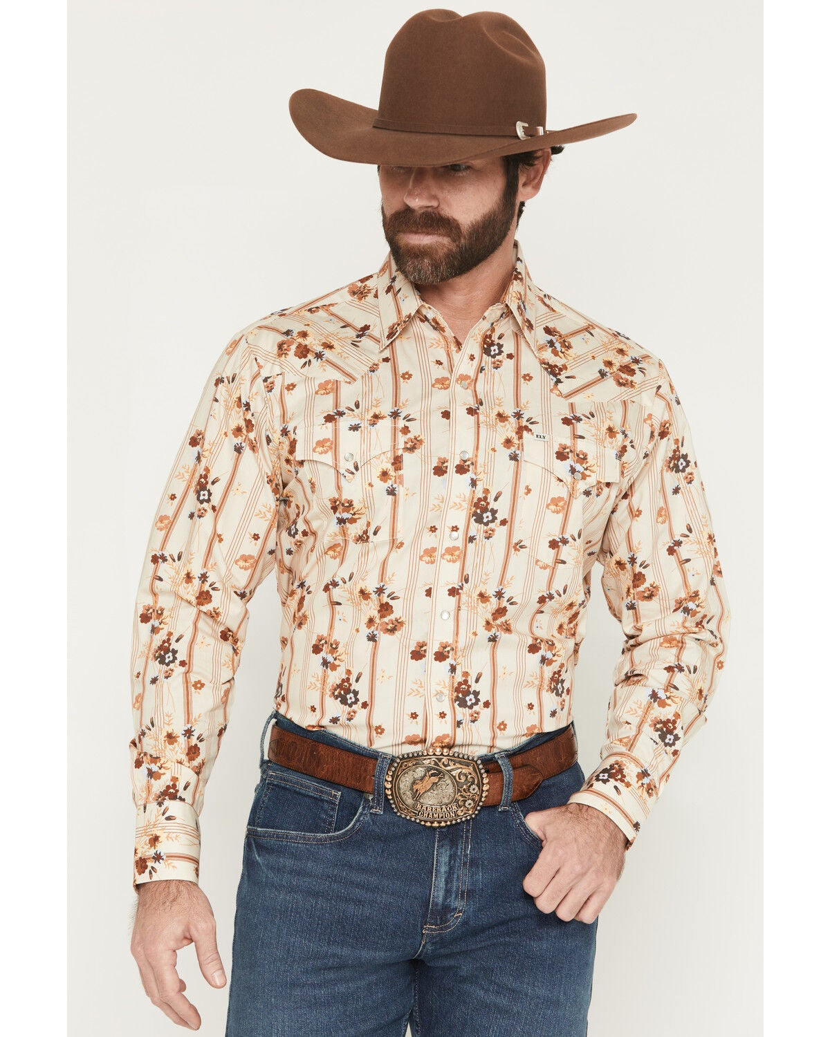Ely Walker Men's Floral Striped Long Sleeve Pearl Snap Western Shirt, Cream, hi-res