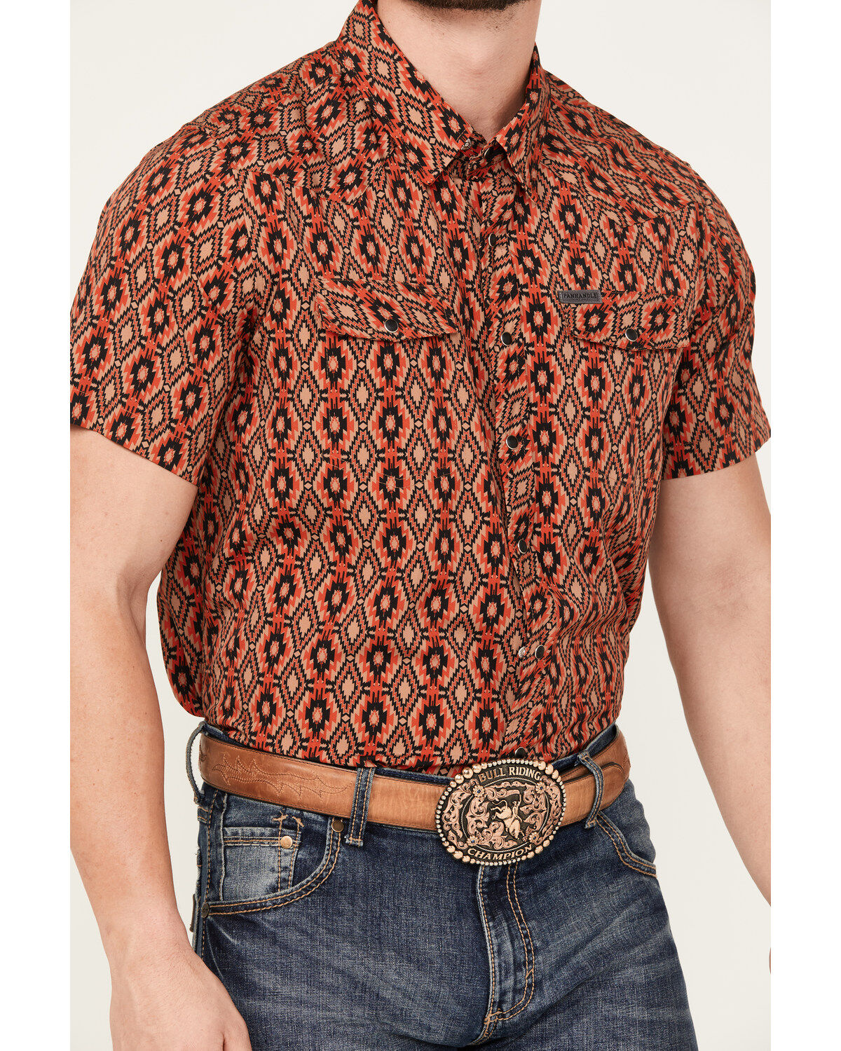 Image #3 - Panhandle Men's Southwestern Print Short Sleeve Performance Snap Western Shirt, , hi-res