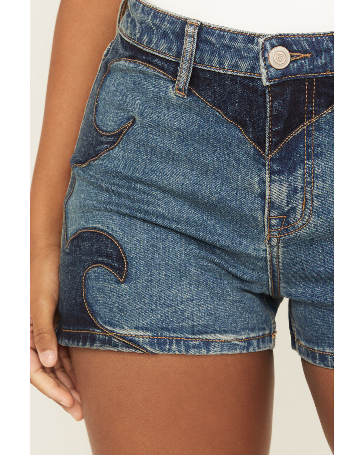 Image #2 - Rock & Roll Denim Women's Medium Wash High Rise Two-Toned Denim Shorts, Medium Wash, hi-res