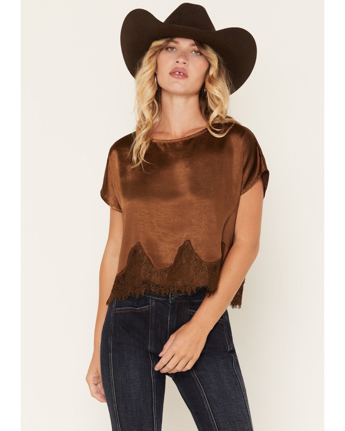 Image #1 - By Together Women's Solid Satin Lace Trim Short Sleeve Shirt, Brown, hi-res