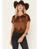 Image #1 - By Together Women's Solid Satin Lace Trim Short Sleeve Shirt, Brown, hi-res