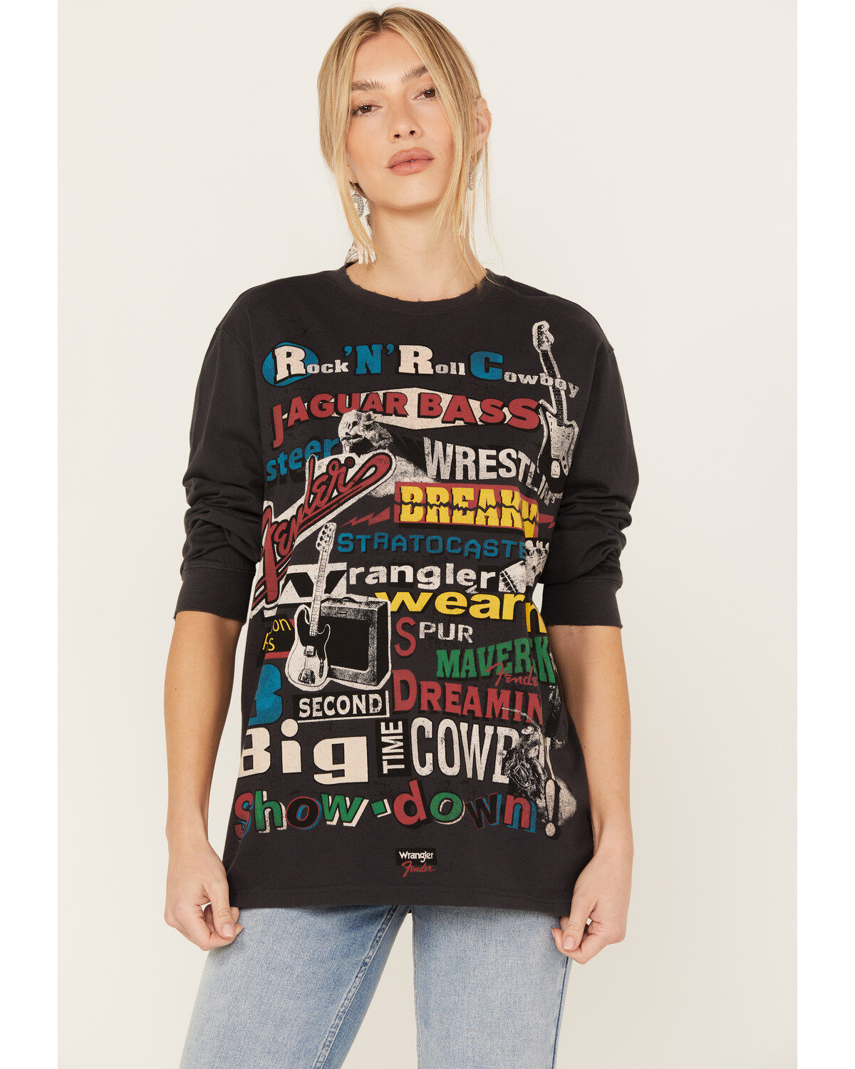 Image #2 - Wrangler X Fender Women's Collage Graphic Sweatshirt, Black, hi-res