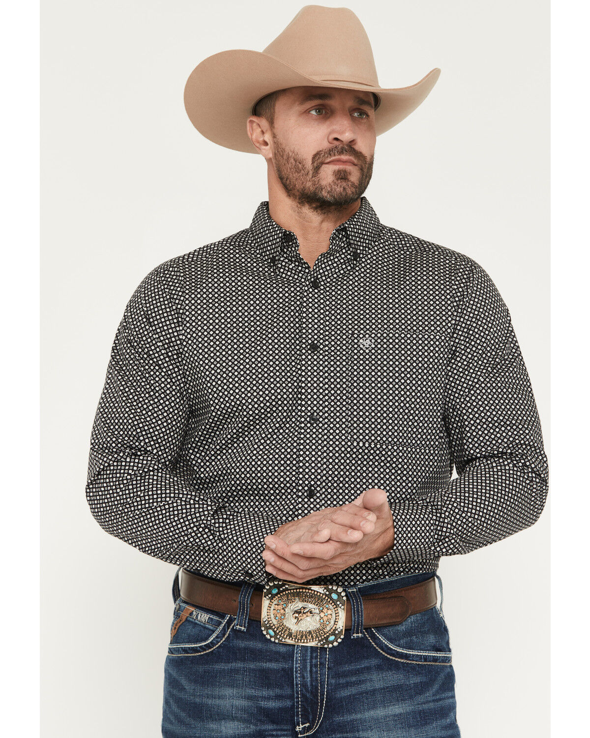 Image #1 - Ariat Men's Troy Geo Print Fitted Long Sleeve Button-Down Western Shirt, Black, hi-res