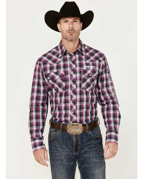 Wrangler Men's Logo Plaid Print Long Sleeve Snap Western Shirt, Purple, hi-res
